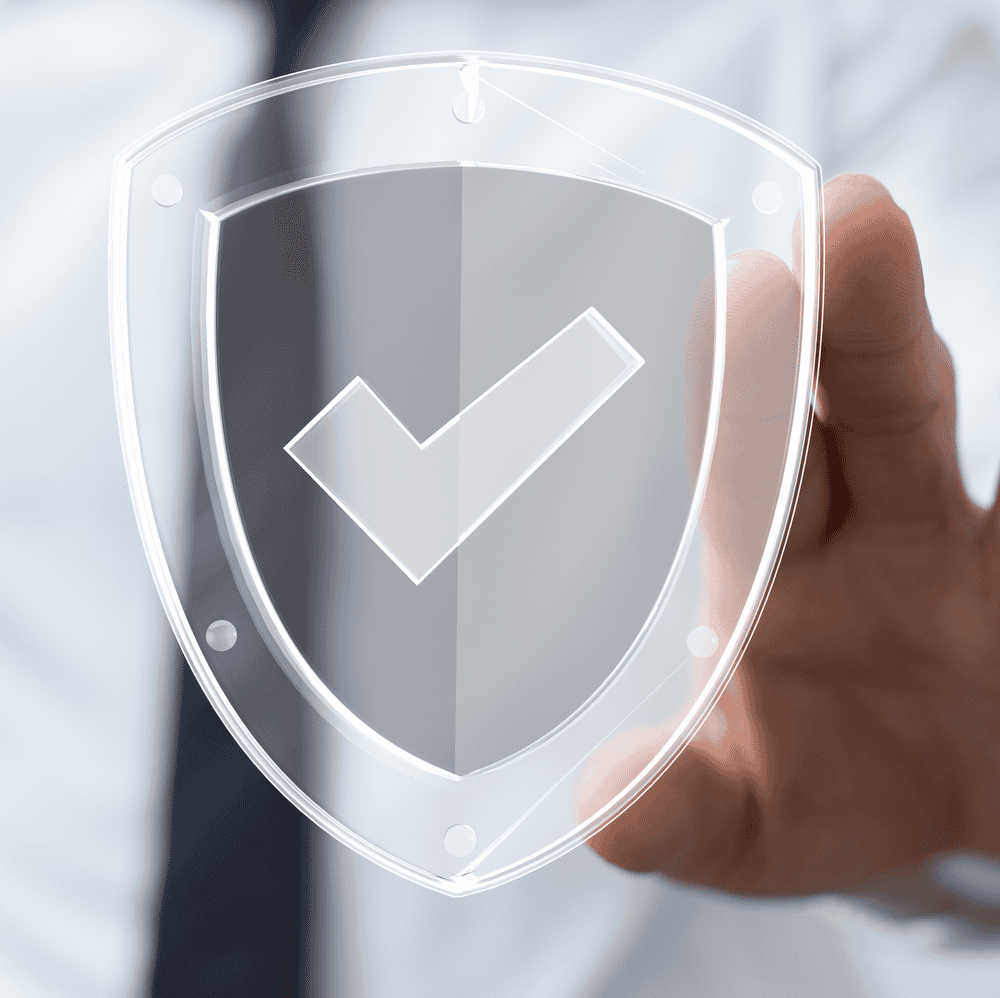 Hand holding a translucent shield with a checkmark symbol, representing security and approval.