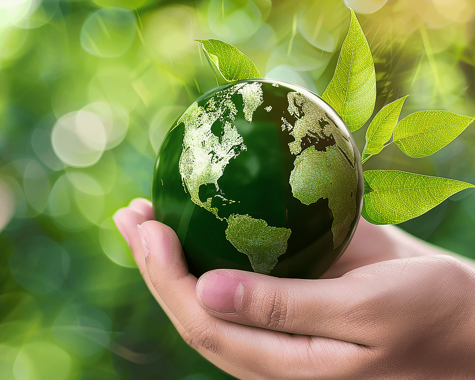 Hands holding a green globe with leaves, symbolizing environmental protection and conservation showing sustainability.