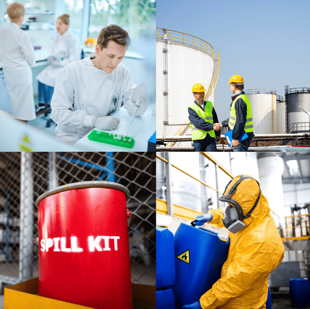 Here's the alt text:
Four photos showing lab work, construction, a spill kit, and a worker in hazmat gear.