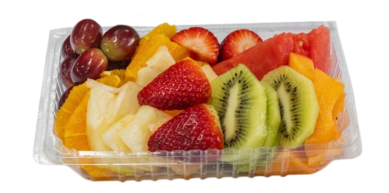Fruit salad in a clear plastic container: grapes, mango, pineapple, strawberries, kiwi, and watermelon  — Henri's Wodonga Bakery in Wodonga, VIC