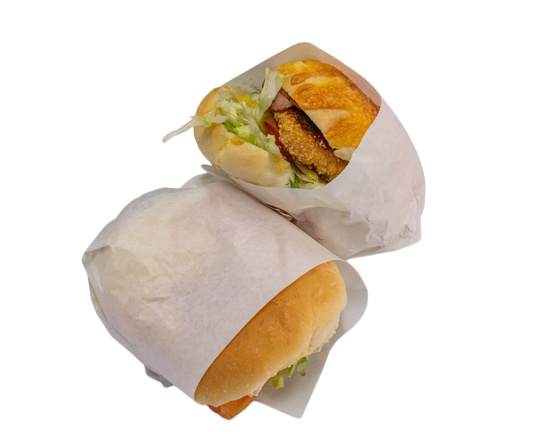 Two wrapped sandwiches, one cut in half, revealing fried food and lettuce  — Henri's Wodonga Bakery in Wodonga, VIC