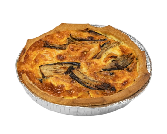 Quiche in foil pan with crust and dark slices on top, on white background  — Henri's Wodonga Bakery in Wodonga, VIC