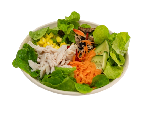 Salad bowl with shredded chicken, corn, carrots, cucumber, and lettuce  — Henri's Wodonga Bakery in Wodonga, VIC