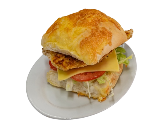 Chicken sandwich on a white plate with cheese, tomato, and lettuce  — Henri's Wodonga Bakery in Wodonga, VIC