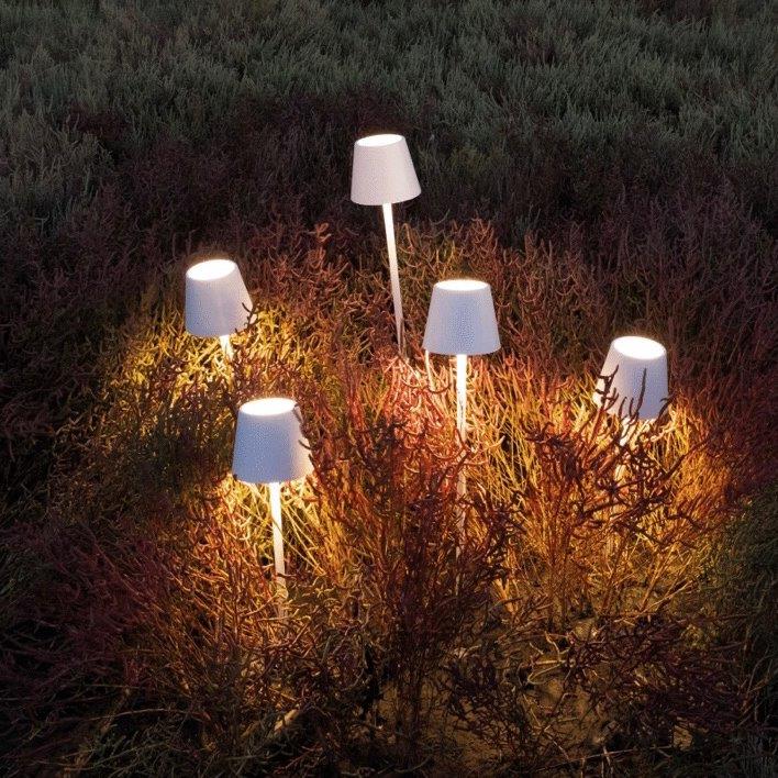 Ein paar Lampen leuchten im Gras