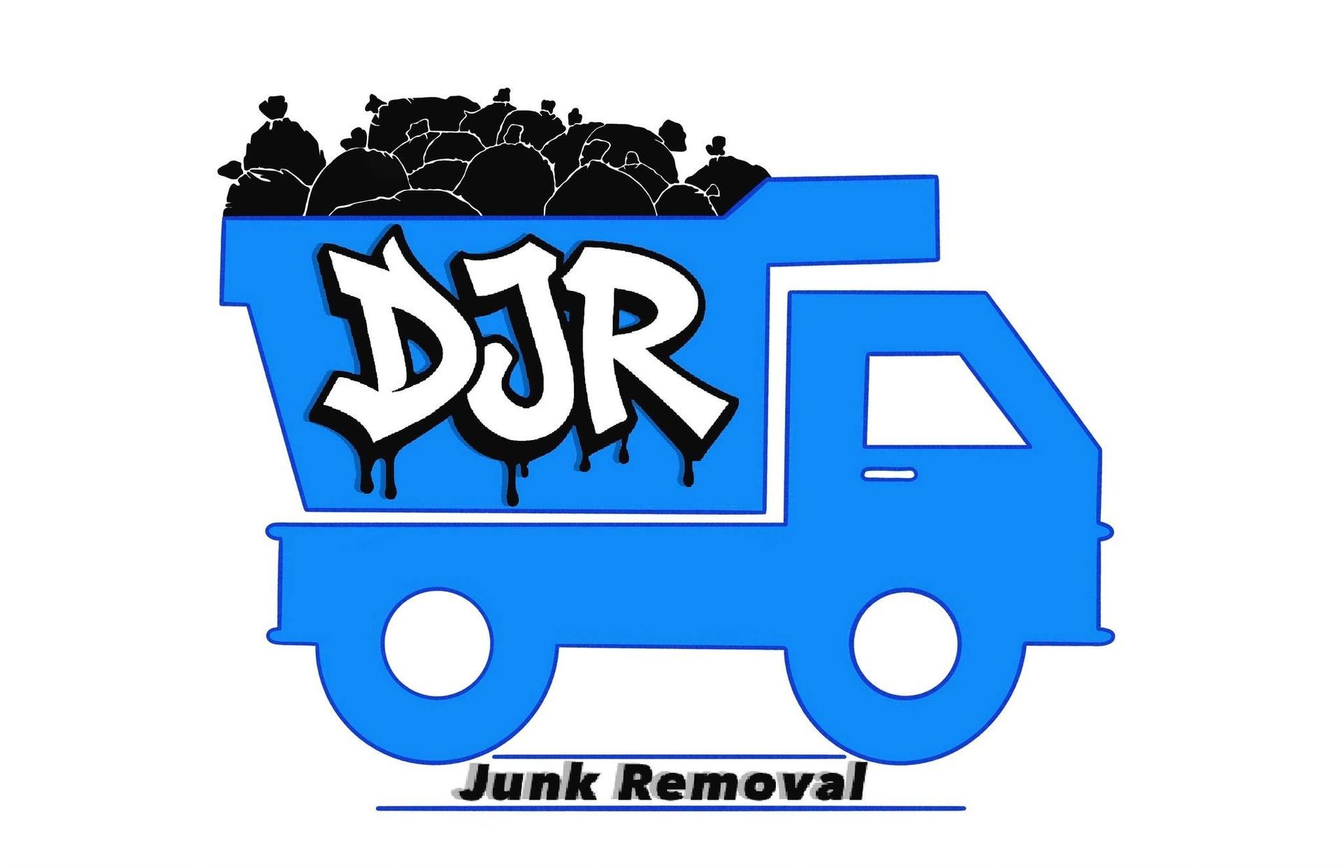 Blue junk removal truck with "DJR" in graffiti font and a pile of garbage.