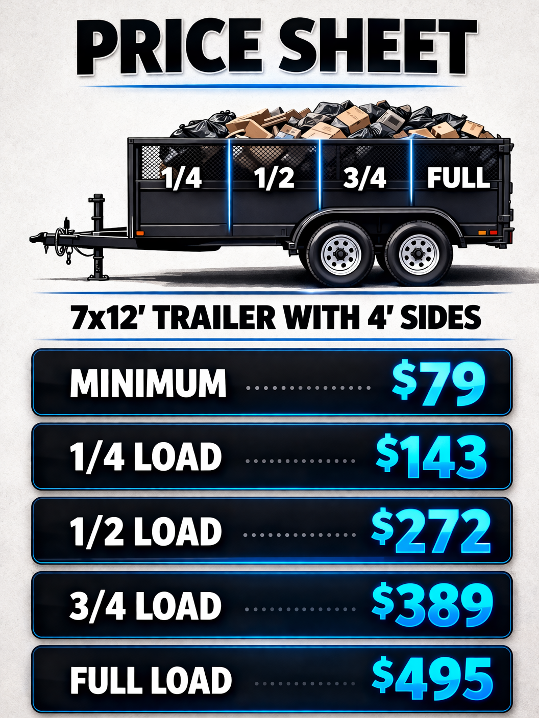 Pricing sheet. Affordable pricing for junk removal services