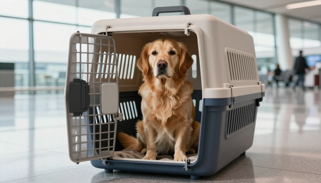 An IATA certified dog crate ready for air travel.