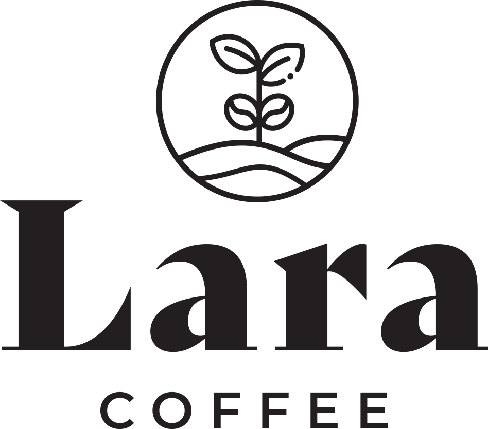 A black and white logo for lara coffee with a plant in a circle.