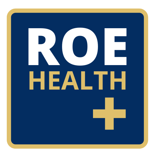 A blue sign that says roe health + on it