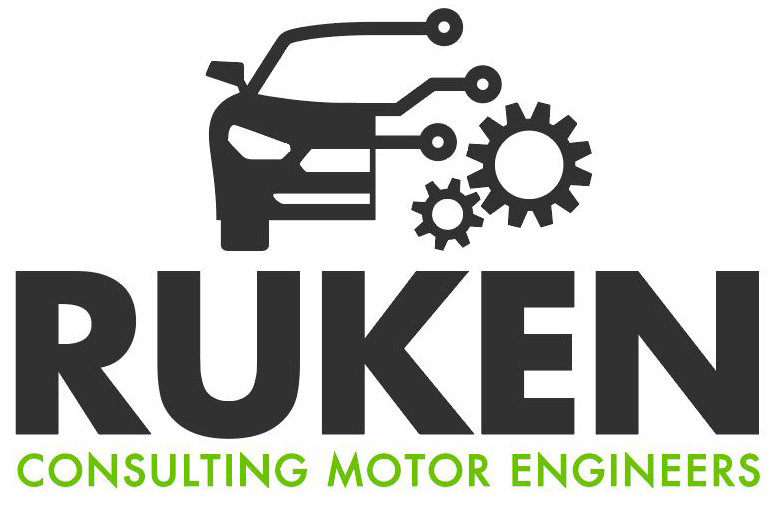 The logo for ruken consulting motor engineers shows a car and gears.