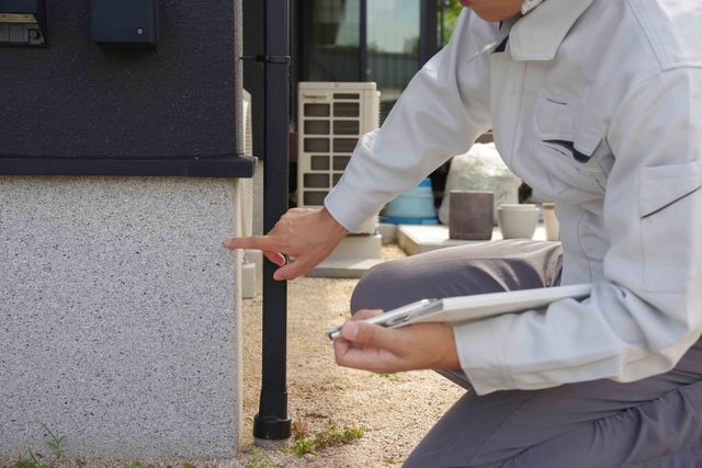 Person in work clothes inspecting the exterior of a building, pointing at the wall while holding a tablet.