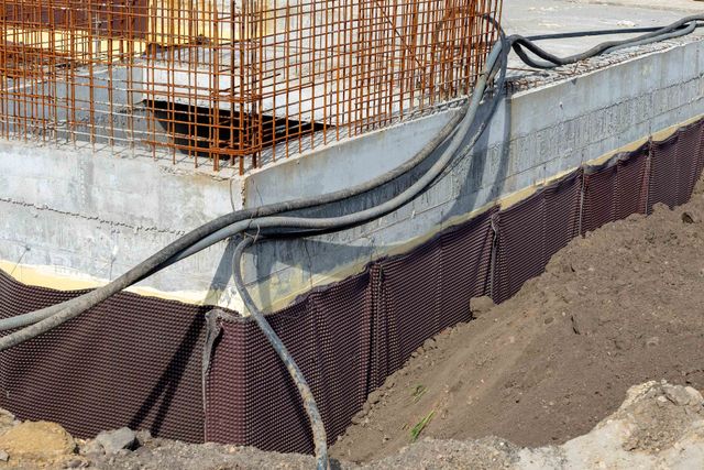 Construction site: concrete foundation with rebar, black pipes, and brown drainage material against soil.