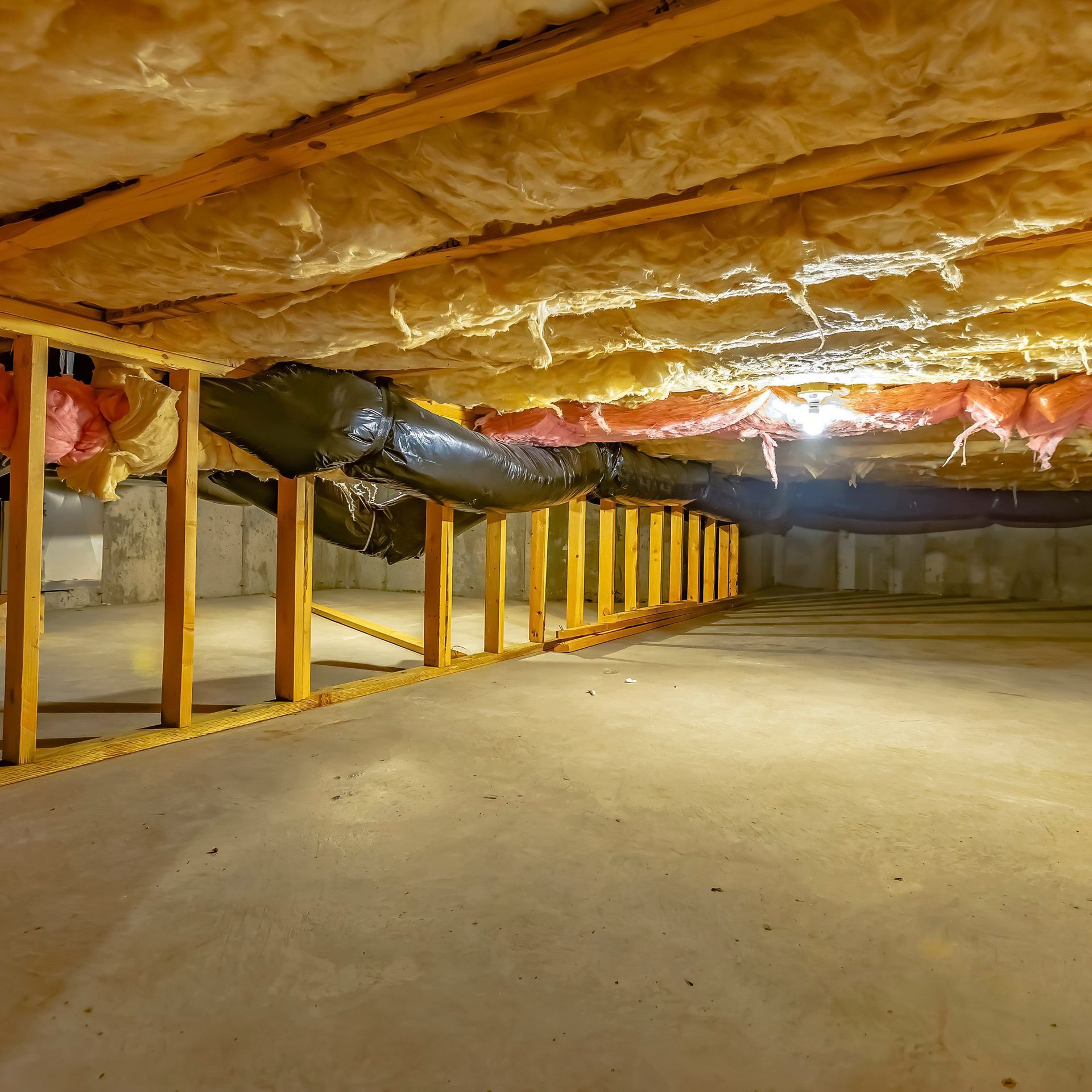 A crawlspace with wooden framing, insulation, and ductwork visible above a concrete floor.