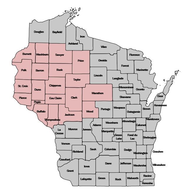 A map of the state of wisconsin with a red county highlighted