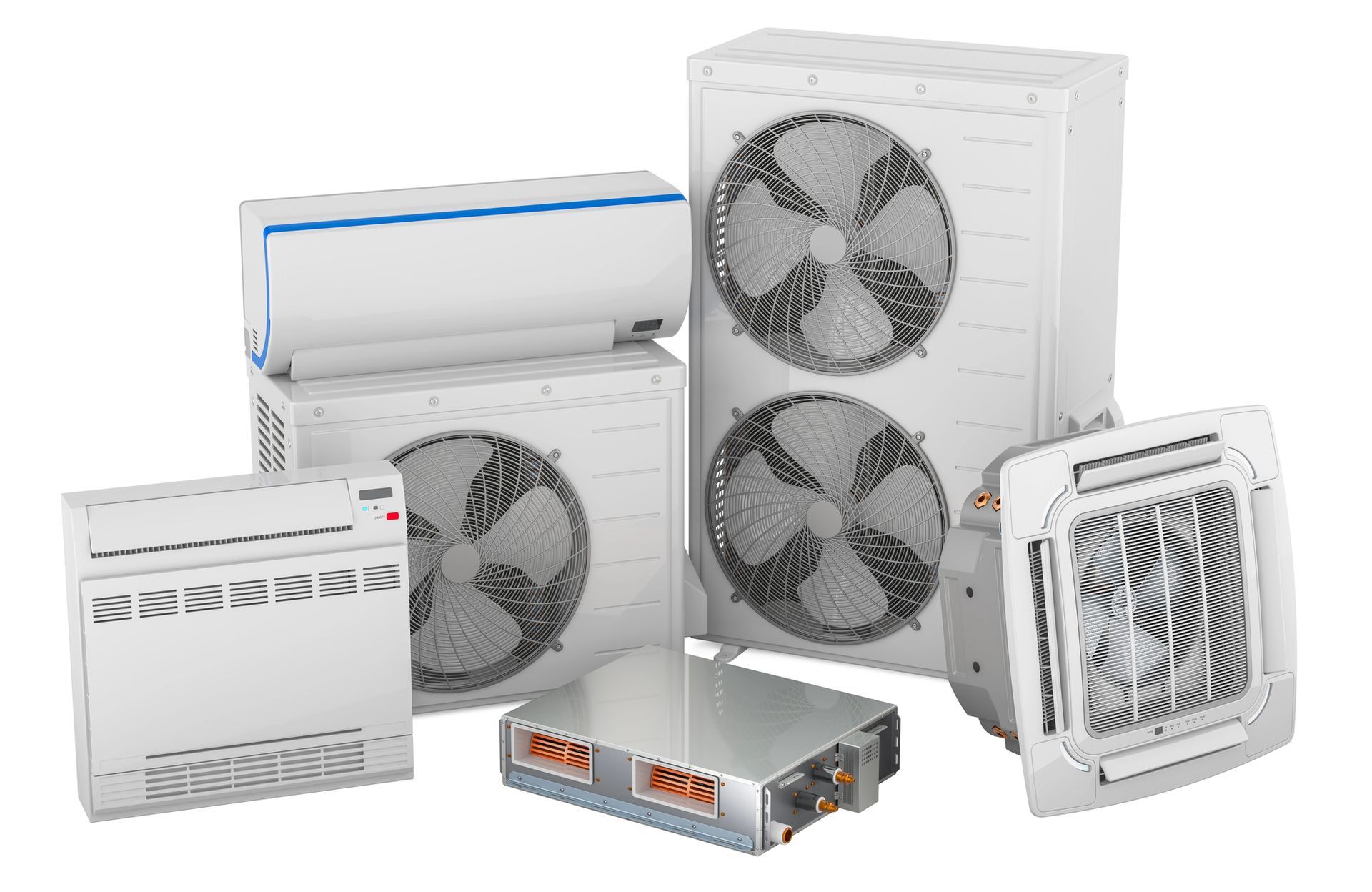 Condizionatori: di varie dimensioni e stili, bianchi, da interno e da esterno, disposti su uno sfondo bianco.