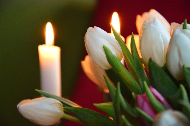 Tulipani bianchi e candele accese.