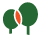 A couple of green trees with a red leaf in the middle.