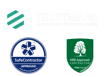 A white background with three logos including safe contractor approved trustmark and arb approved contractor