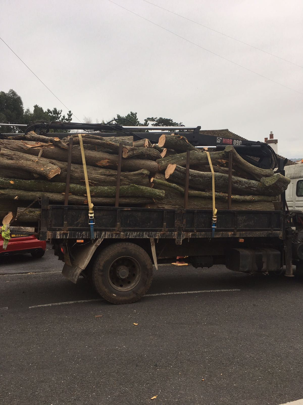 A truck is carrying a large pile of logs