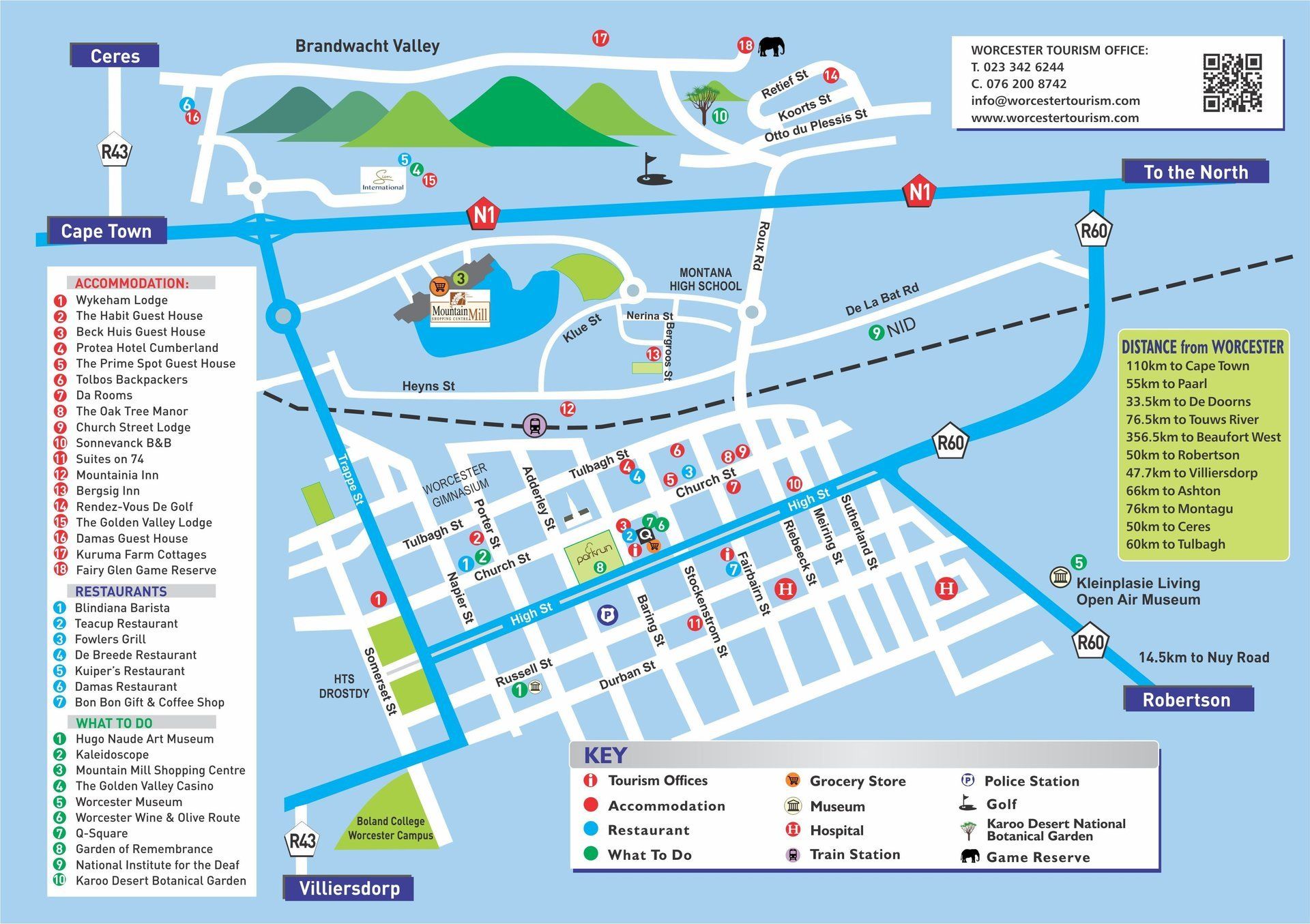 Map of Worcester provided by Worcester Tourism Office, Route 62, South Africa