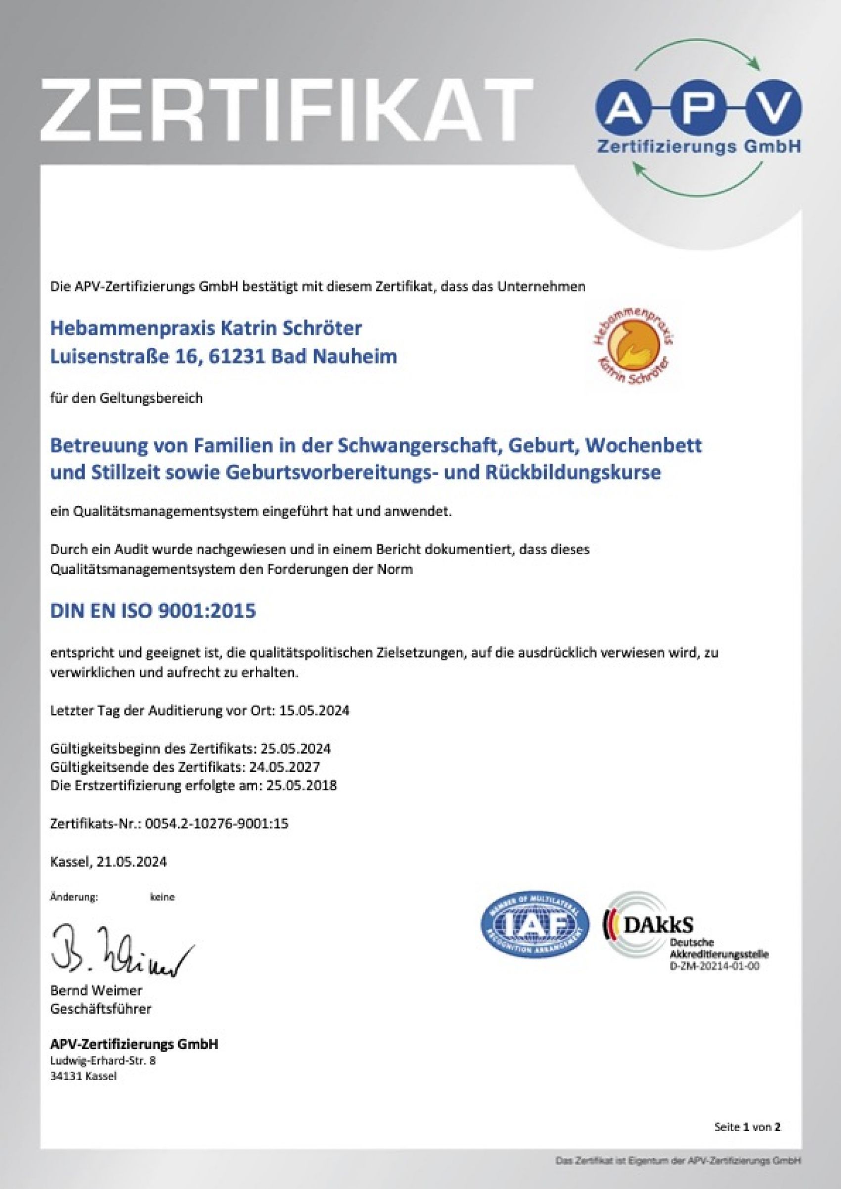 Zertifikat zum Qualitätsmanagement nach DIN ISO 9001:2015