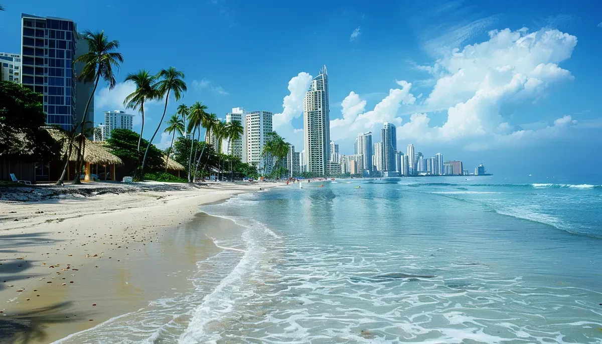 A beach with a city skyline in the background.