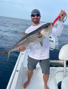 A man is standing on a boat holding a large fish.