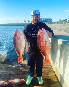 A man is holding two large red fish on a dock.