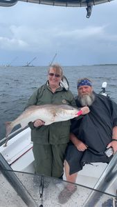 A man and a woman are sitting on a boat holding a large fish.