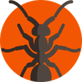 Una silueta de una hormiga en un círculo naranja.