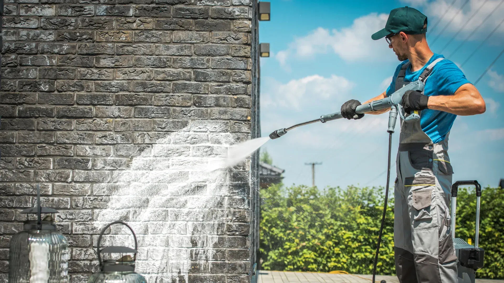 A man is cleaning a brick wall with a high pressure washer.