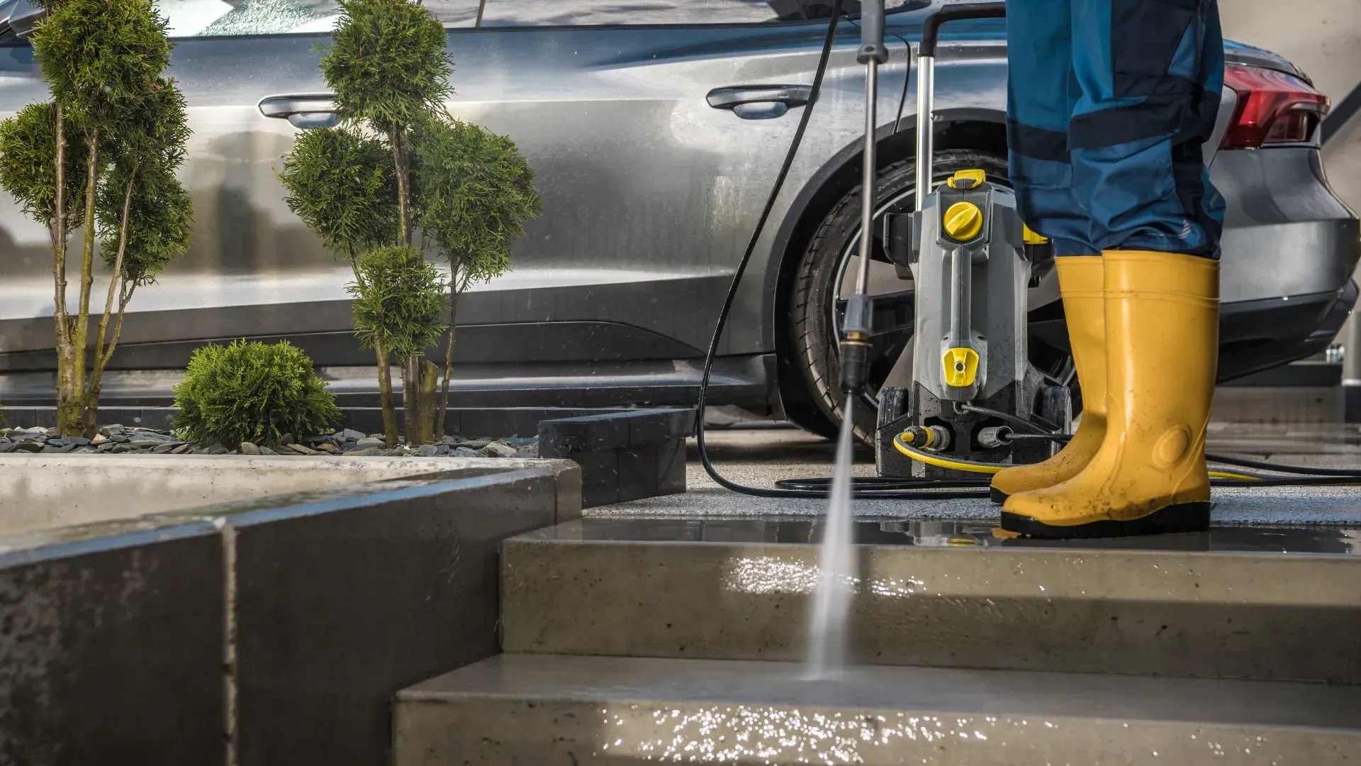 A man in yellow boots is using a high pressure washer to clean steps.
