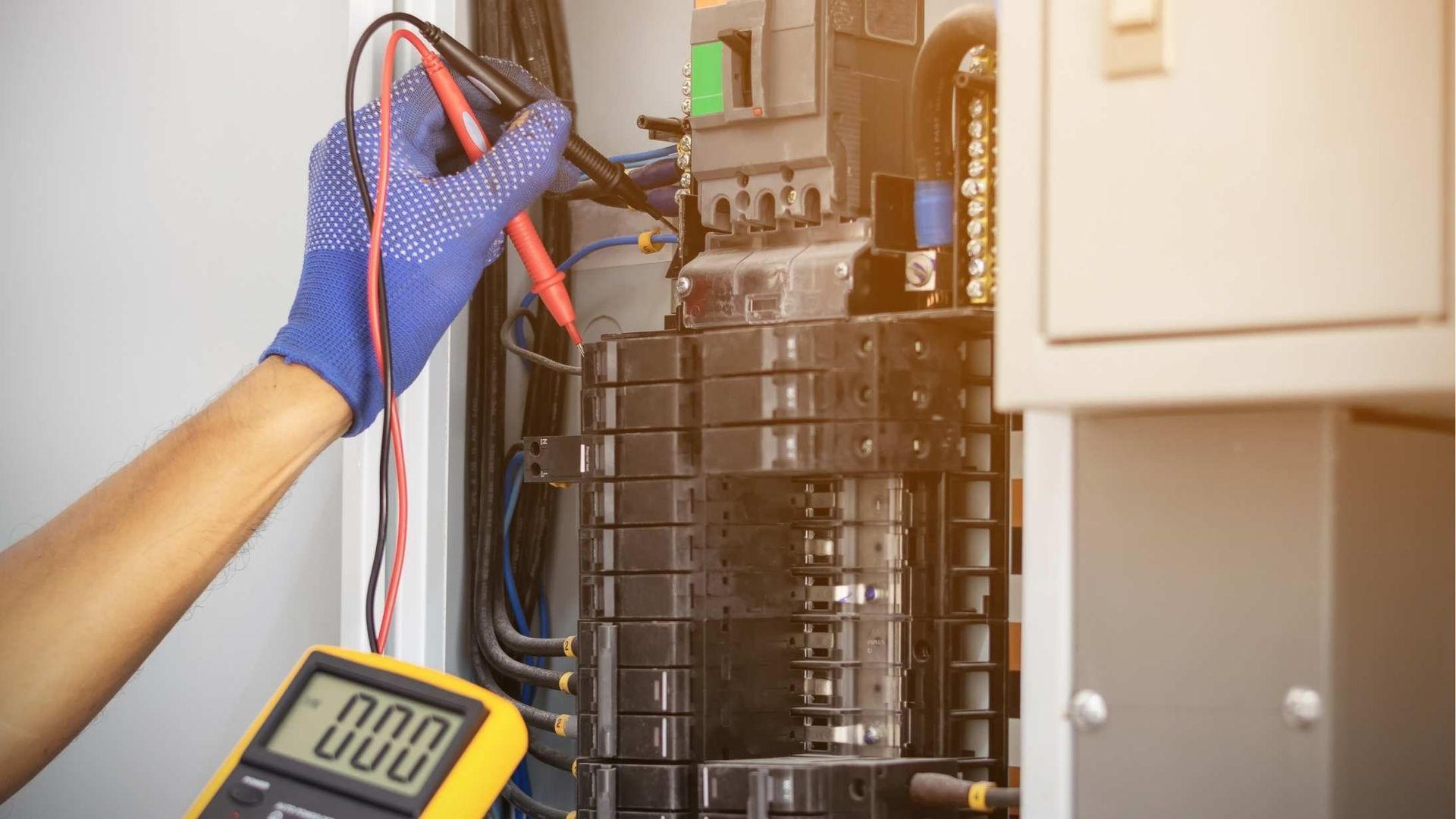 An electrician is using a multimeter to test an electrical box.