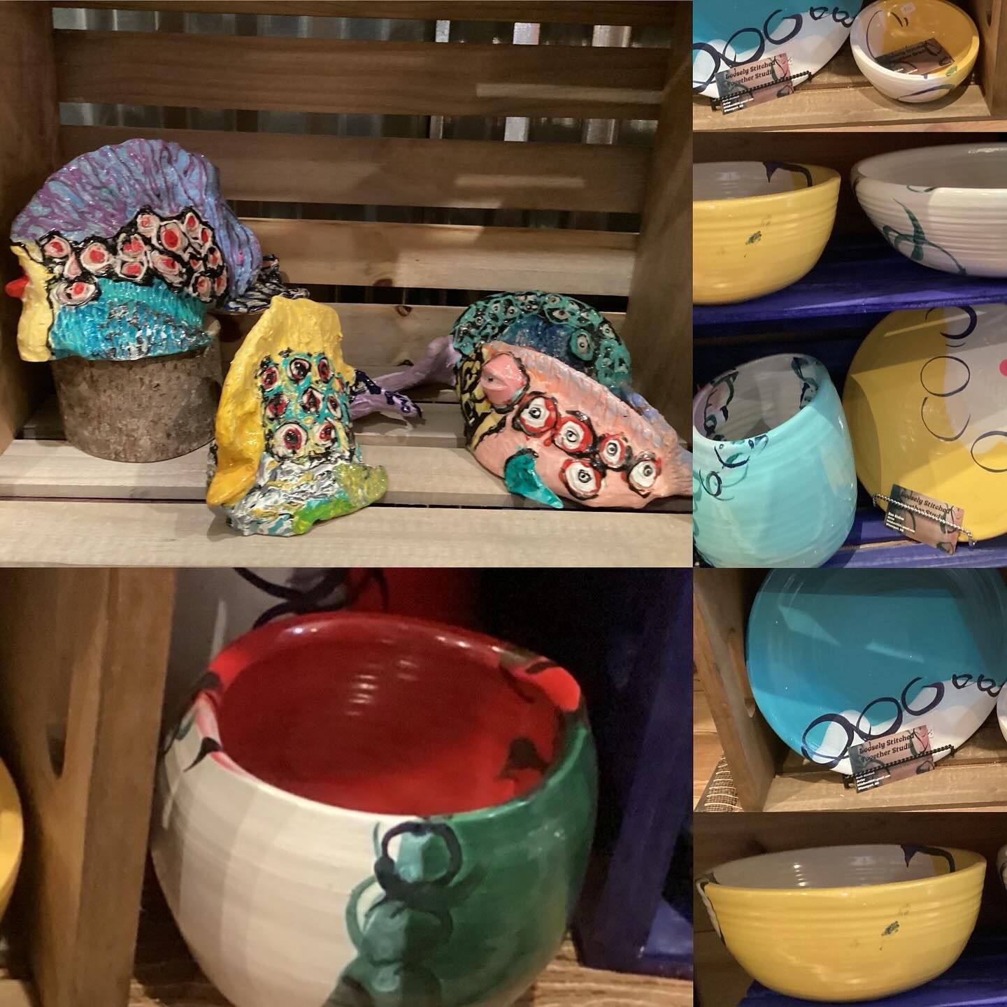 A collage of colorful bowls on a wooden shelf