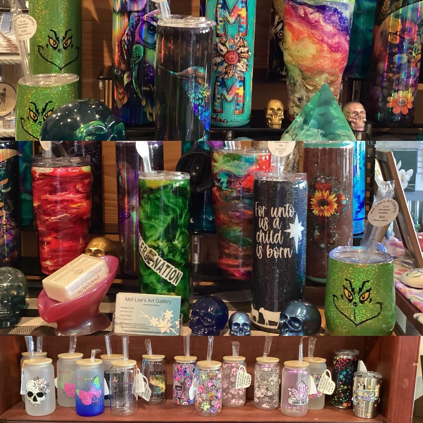 A shelf filled with a variety of tumblers and soap dispensers.
