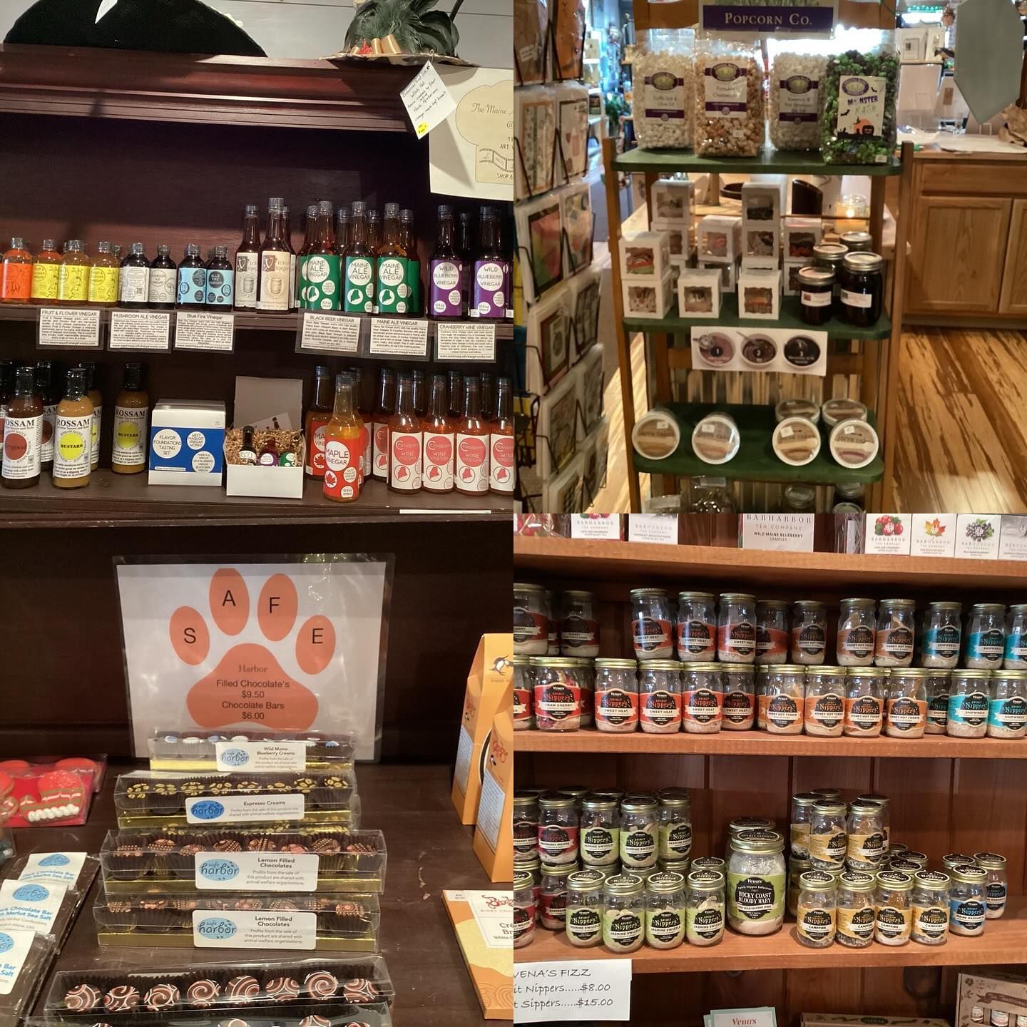 A collage of two pictures of a store with a paw print on the wall