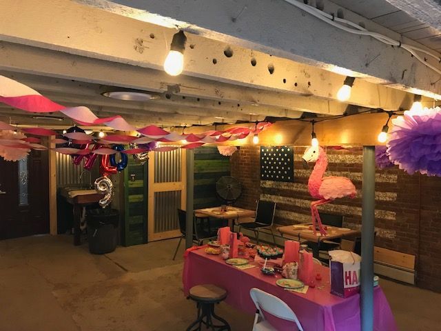 A room with tables and chairs decorated for a birthday party