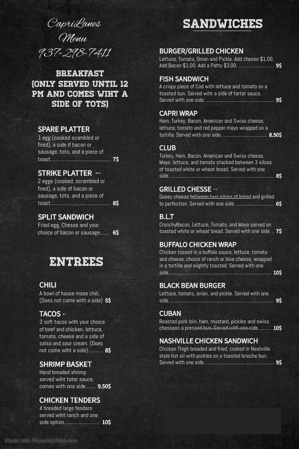 Sandwiches Menu — Kettering, OH — Capri Bowling Lanes