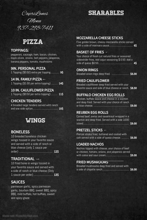 Sharables Menu — Kettering, OH — Capri Bowling Lanes