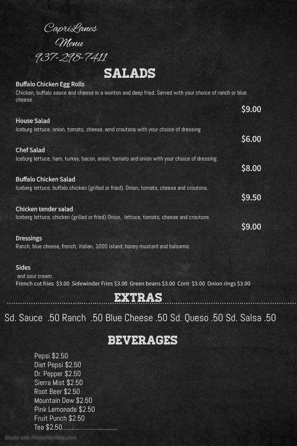 Salads Menu — Kettering, OH — Capri Bowling Lanes