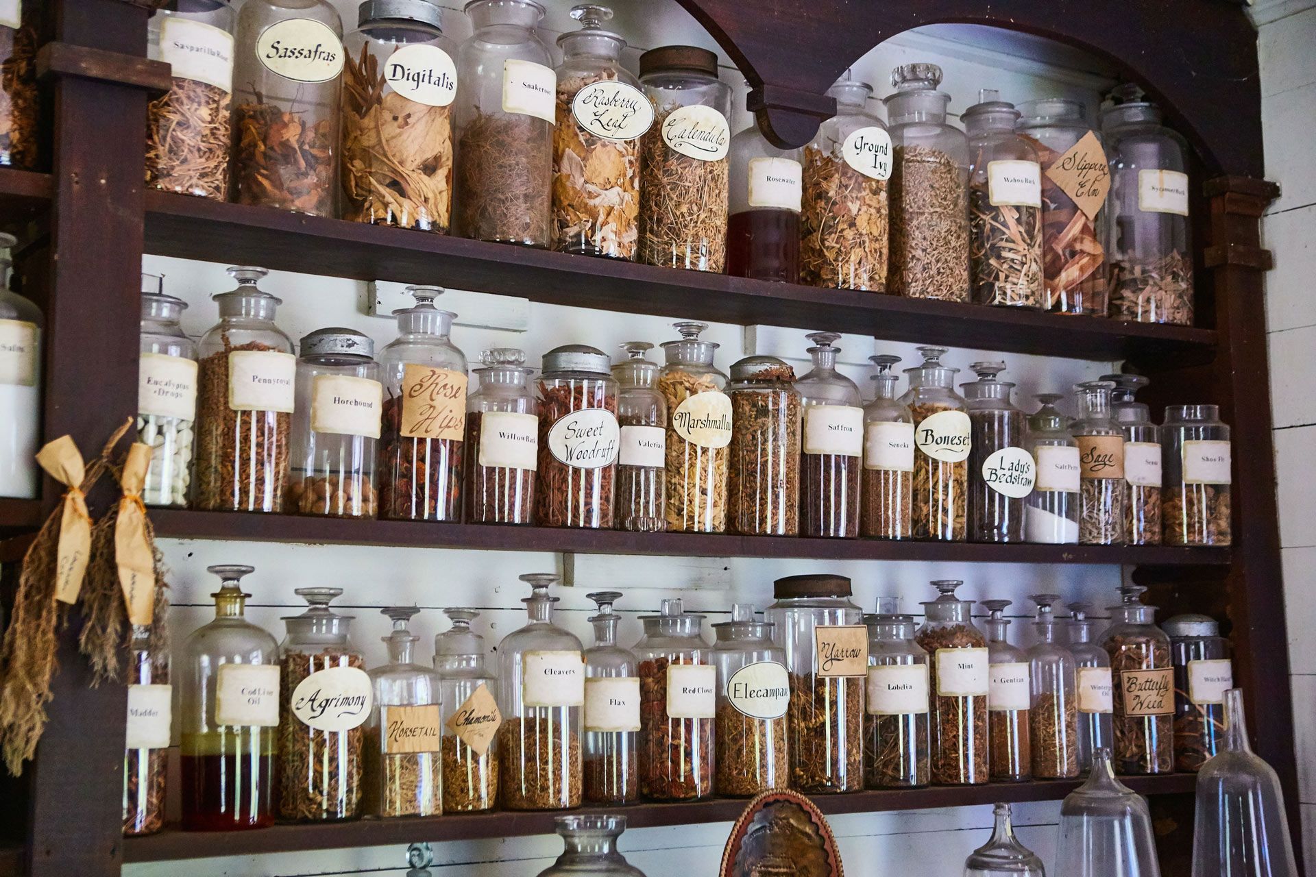 A shelf full of jars and bottles with labels on them