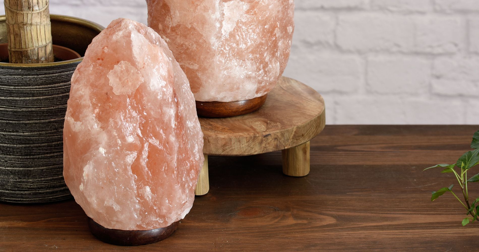 Salt lamps are sitting on a wooden table next to a potted plant