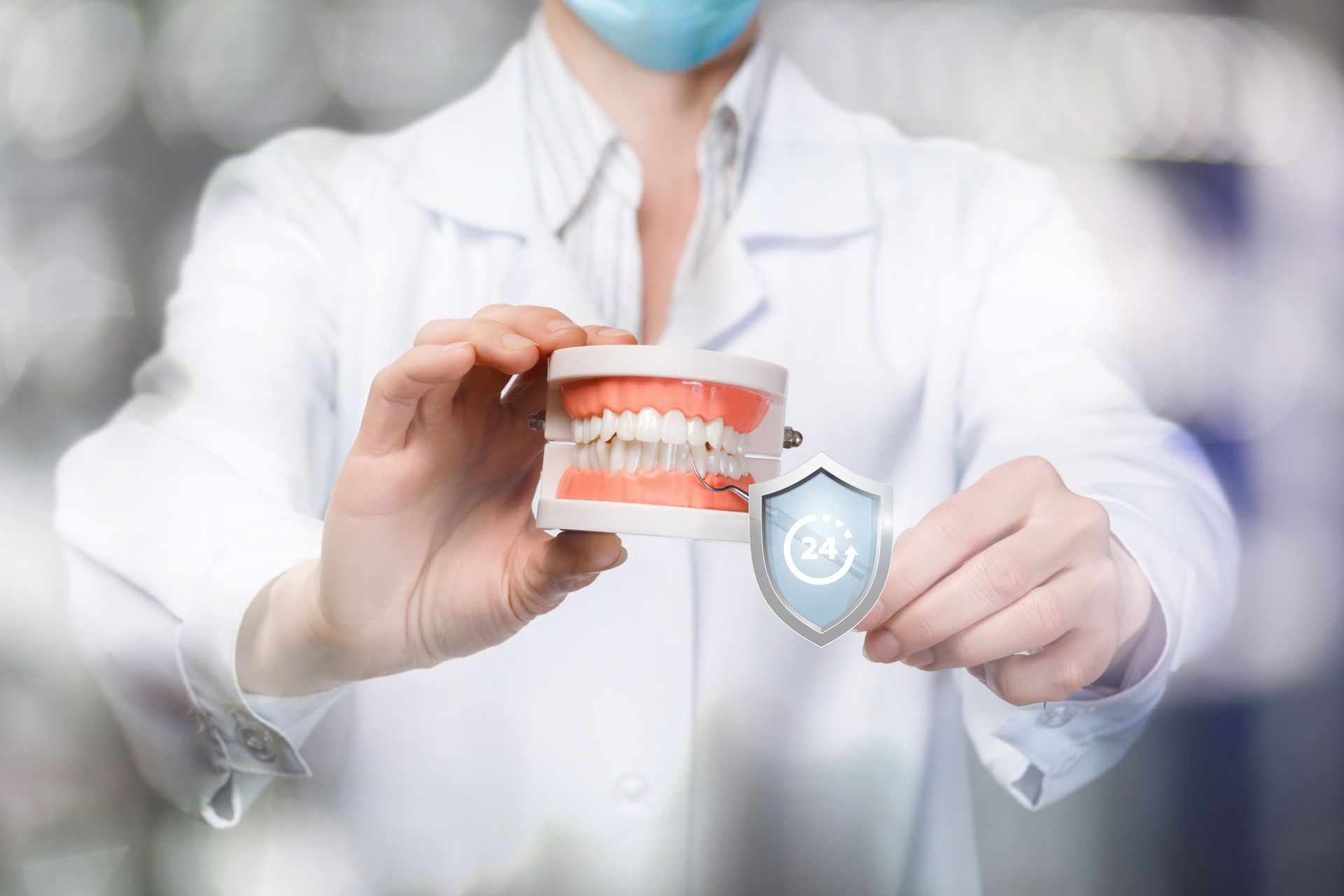 Dentist holding a dental model and a shield with 