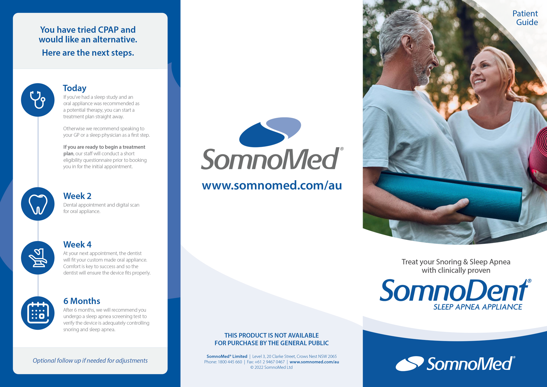Brochure for SomnoMed, a sleep apnea appliance. Elderly couple in a park. Timeline for device fitting. Brochure for SomnoMed, a sleep apnea appliance. Elderly couple in a park. Timeline for device fitting.