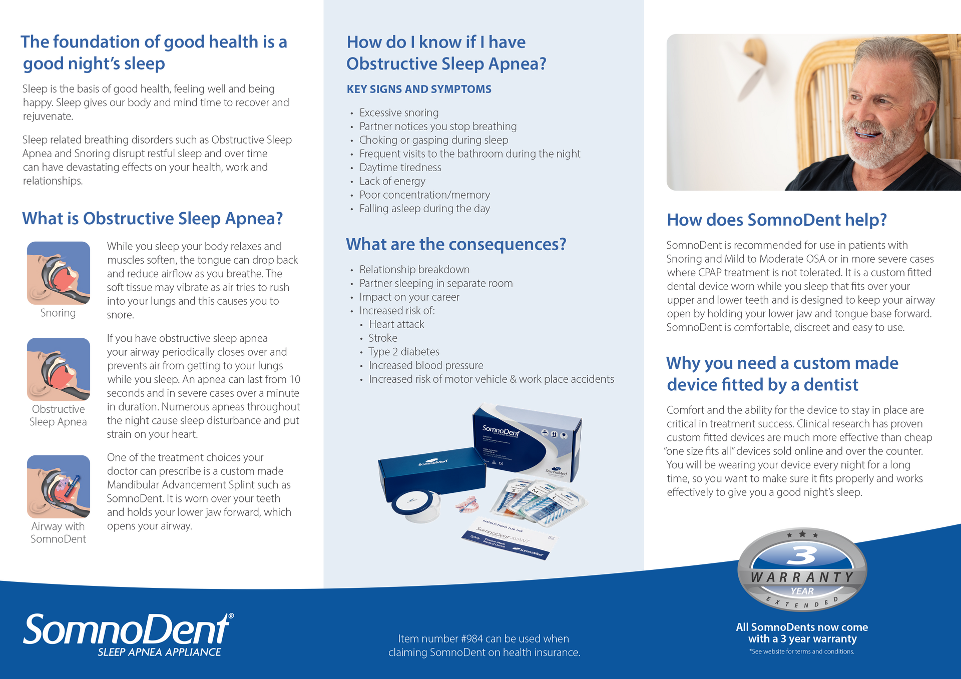 Brochure about obstructive sleep apnea, with text, illustrations, and a man smiling. Brochure about obstructive sleep apnea, with text, illustrations, and a man smiling.