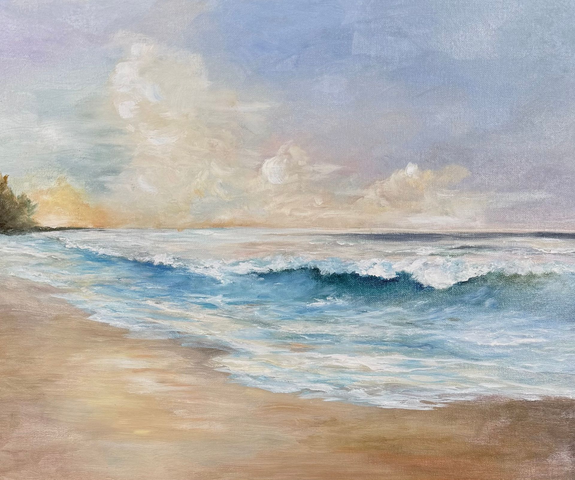 Soft pastel painting of a calm ocean wave rolling onto a sandy beach under a cloudy sky.