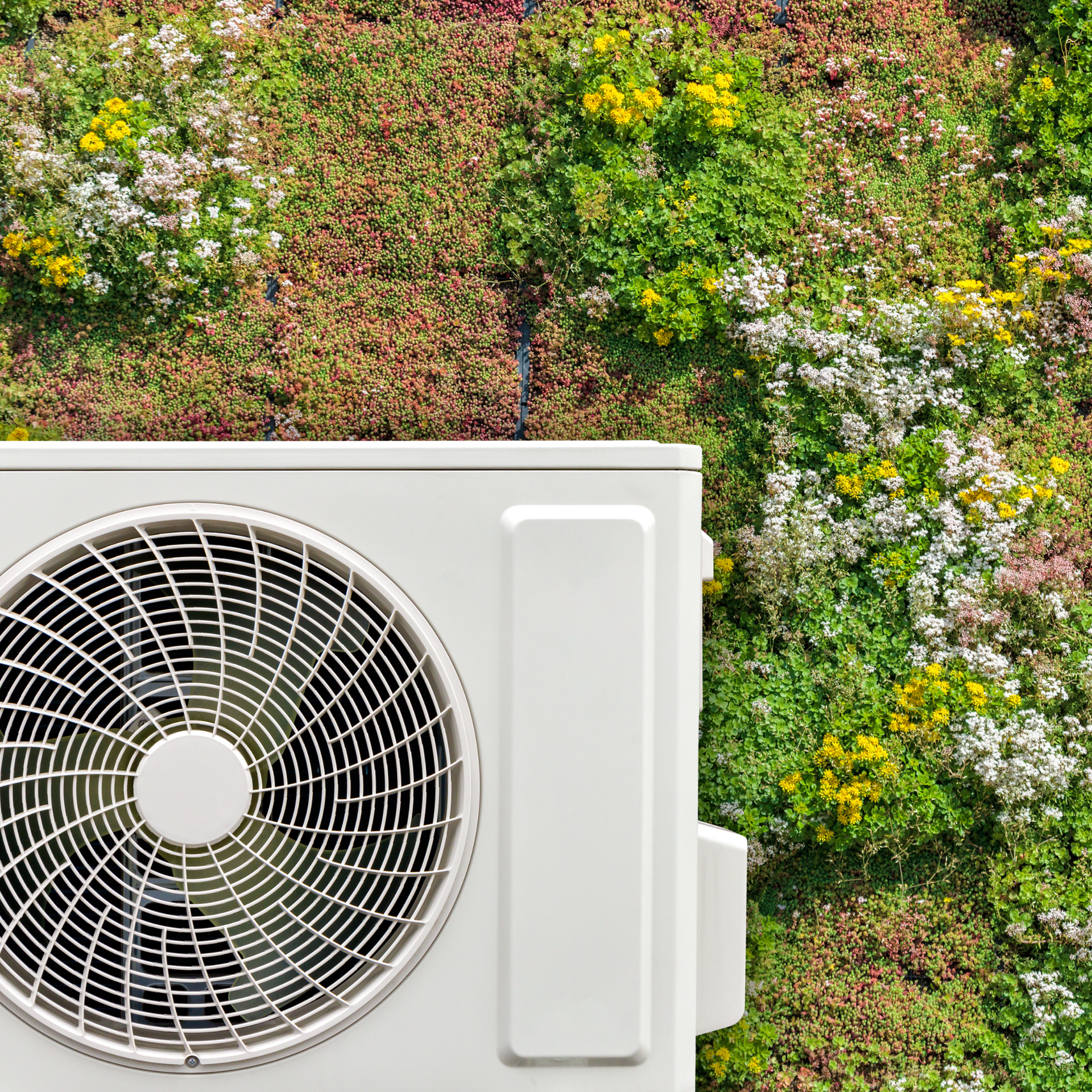 White air conditioning unit beside a green wall with colorful flowers.