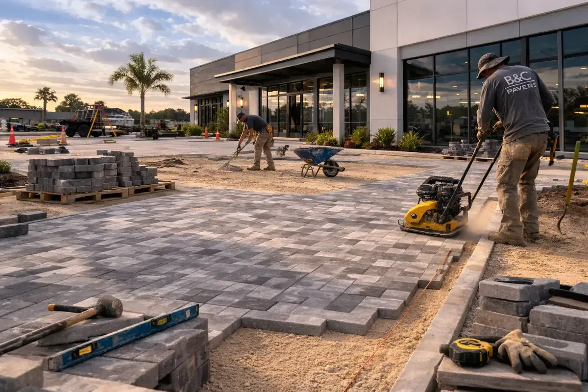 Contractor during paver installation for a commercial building parking lot