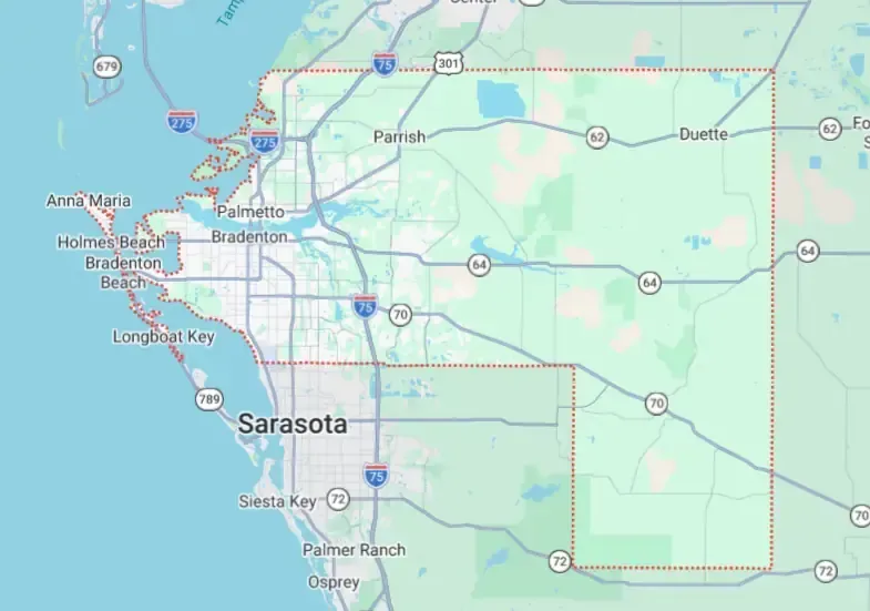 Map of Manatee County Florida with county boundary outlined and major roads visible